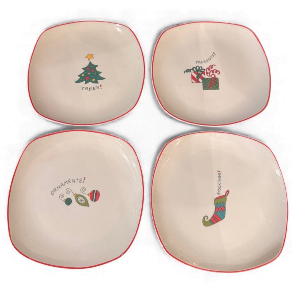 FITZ & FLOYD Gourmet HAPPY HOLIDAYS Set of 4 Christmas Square Canape Plates